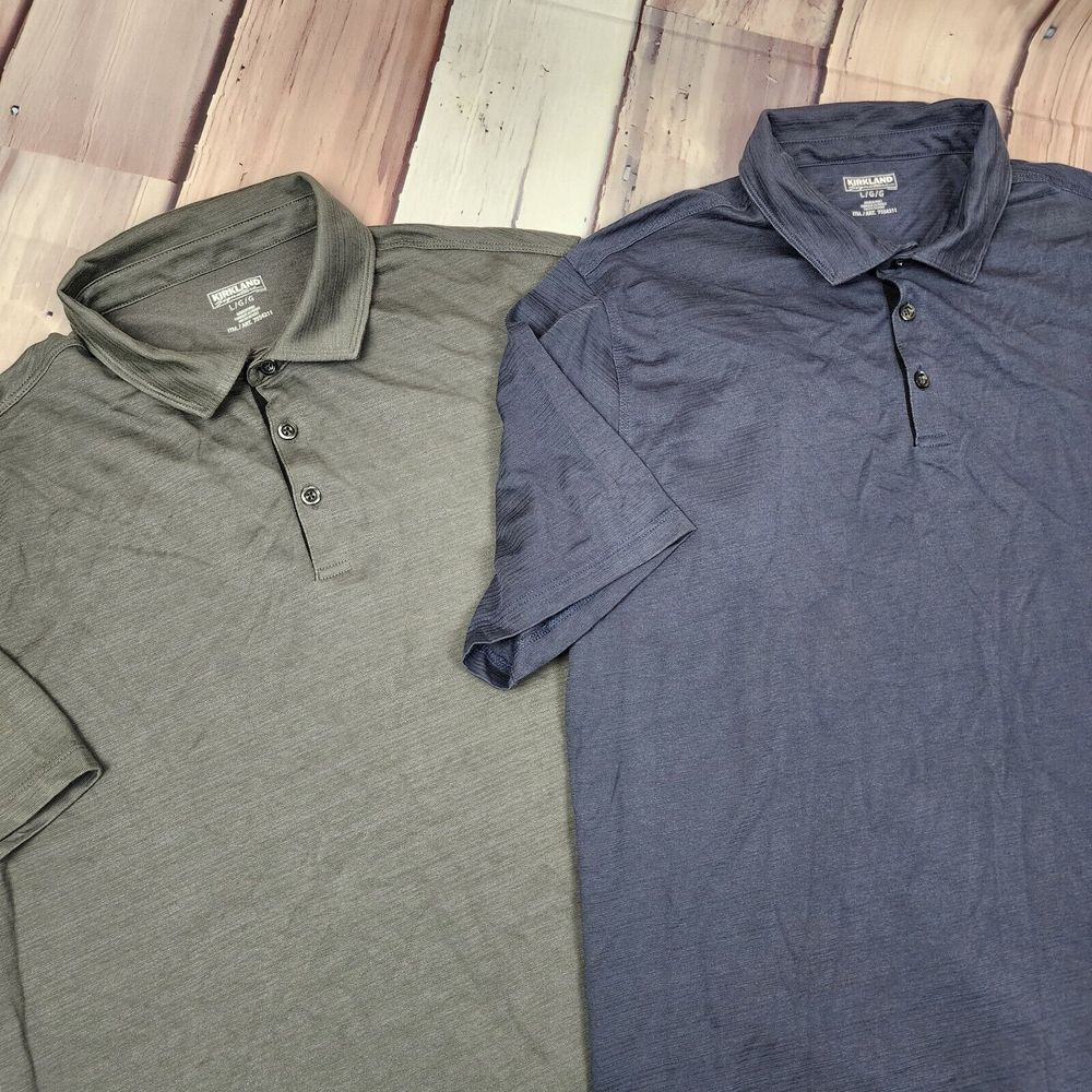 Kirkland Signature Mens Large Performance‎ Style Polo Shirt Lot Of 2 Gray/Blue